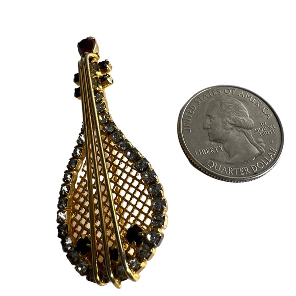 Vintage Weiss Clear Red Rhinestone Guitar Bango Gold Tone Brooch - Picture 6 of 8